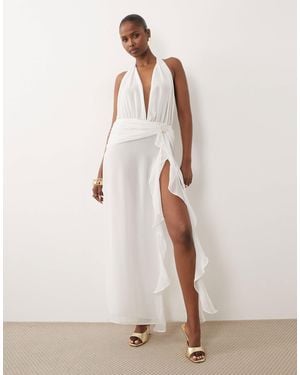 Oh Polly Mesh Plunge Cowl Halter Neck Thigh Split Beach Maxi Dress - Natural