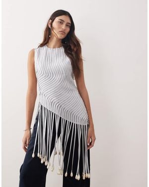 ARRANGE Wave Linear Faux Pearl Droplet Fringed Hem Top - White