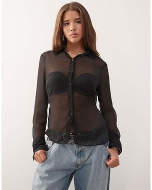 Monki Sheer Fitted Shirt With Tie - Black
