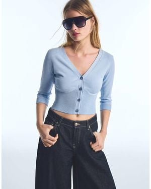 Bershka Cropped V-Neck Jacket - Blue