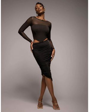 Goddiva Crepe And Mesh Lace Up Corset Top - Brown