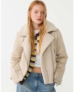 Stradivarius Faux Suede Biker Jacket - Natural