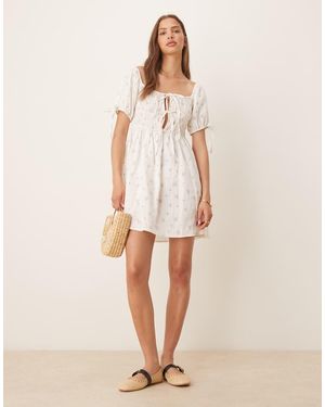 esmé studios Esmee Exclusive Tie Front Puff Sleeve Mini Beach Dress - Natural