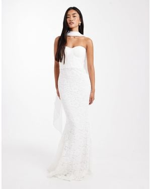 Six Stories Bridal Lace Bandeau Scarf Neck Maxi Dress - White