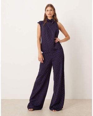 Mango Satin Wide Leg Trouser Co-ord - Blue