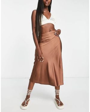 Monki Satin Midi Skirt - Brown
