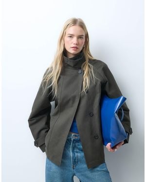 ARKET Waxed Cotton Funnel Neck Short Trench With Cord Inner Collar Detail - Blue