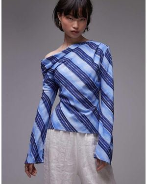 Mango Off The Shoulder Long Sleeve Striped Top - Blue
