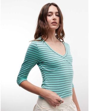 Collusion Plunge Vneck 3/4 Sleeve Top - Blue
