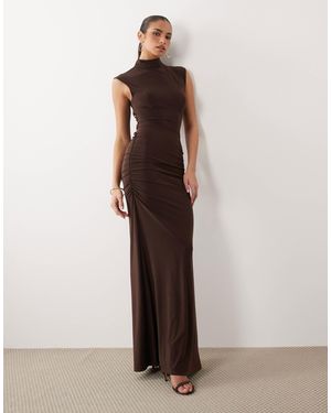ASOS Cap Sleeve Maxi Dress With Lace Up Detail And Ruching - Brown