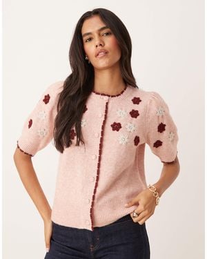 Nobody's Child Embroidered Puff Sleeve Cardigan - Pink