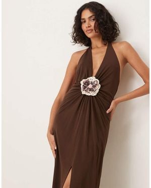 Mango Premium Halterneck Sequin Floral Detail Maxi Dress - Brown