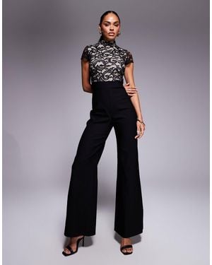 Vesper Bengaline Lace Overlay High Neck Wide Leg Jumpsuit - Blue