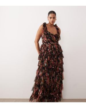 Lace & Beads Plus Bridesmaid Ophelia Bow Shoulder Tulle Maxi Dress - Brown
