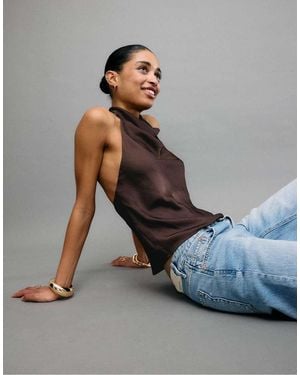 Stradivarius Satin Effect Halter Top - Brown