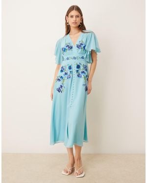 Hope & Ivy Embroidered Wrap Front Flutter Sleeve Midi Dress - Blue