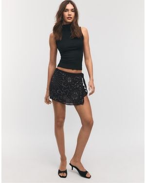 Stradivarius Embroidered Wrap Mini Skort - Black