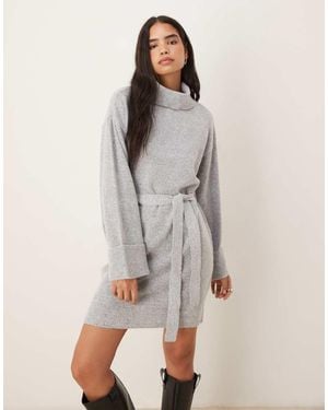 Vila Tie Waist High Neck Knit Mini Dress - Grey