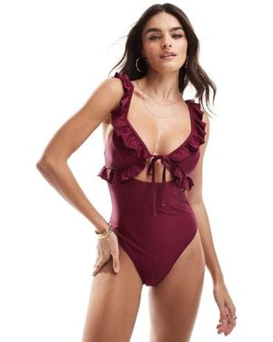 Miss Selfridge Ruffle Triangle Swimsuit With Cut Out - Purple