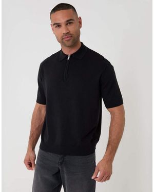 Threadbare Relaxed Fit Knitted Quarter Zip Polo - Black