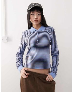 Monki Polo A Maniche Lunghe Piqué E Marrone A Righe - Blu