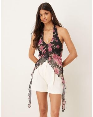 ASOS Lange Mesh Haltertop Met Bloemenprint - Naturel