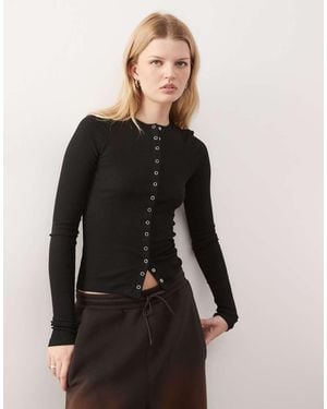 Weekday Slim Fit Button Front Long Sleeve Top - Black