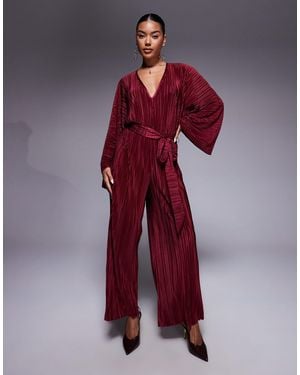 ASOS Plisse V Front Tie Back Waist Wide Leg Jumpsuit - Red