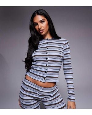 Kaiia Exclusive Ribbed Knit Button Through Cardigan Top Co-Ord - Blue