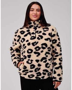 Loungeable Leopard Print Cosy Borg Fleece Quarter Zip Lounge Jumper - Brown