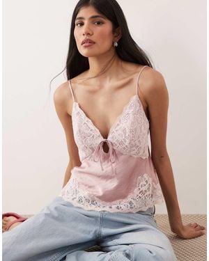 Abercrombie & Fitch Satin V Neck Lace Detail Cami Top - Pink