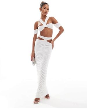 Murci Textured Cut Out Halterneck Top And Ruched Maxi Skirt Set - White