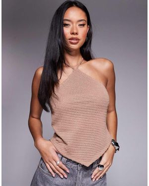 ASOS Top Allacciato Al Collo Testurizzato All'Uncinetto Marrone Mocha Con Design A V - Grigio