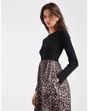 Threadbare Long Sleeve Midi Dress With Contrast Leopard Print Skirt - Black