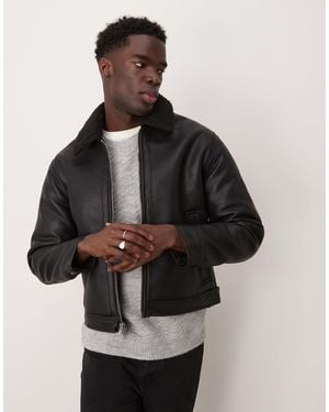 Abercrombie & Fitch Vegan Leather Sherpa Lined Shearling Jacket - Grey