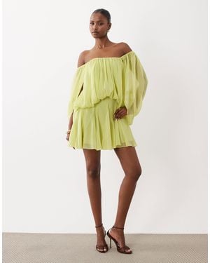 ASOS Blouson Mini Dress With Split Sleeve And Volume Godet Skirt - Yellow