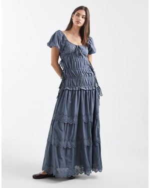 Daisy Street Broderie Shirred Maxi Dress With Puff Sleeves - Blue