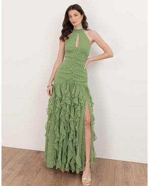 ANAYA Halter Neck Waterfall Ruffle Maxi Dress - Green