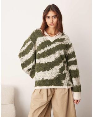 ARRANGE Maglione Oversize A Intarsi Color Verde E Crema Con Scollo A V E Orlo Arrotondato - Marrone