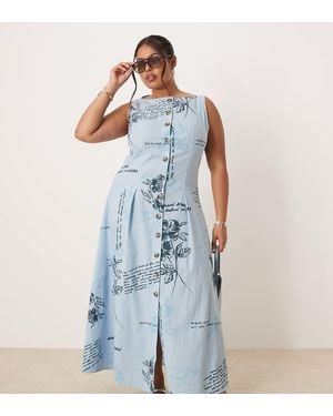 ASOS Asos Design Curve Slash Neck Button Down Waistcoat Midi Dress - Blue
