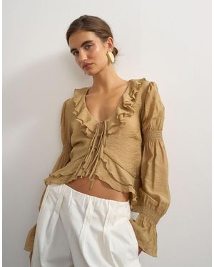 TOPSHOP Oberteil mit rüschen, bindung vorn und langen ärmeln - Natur