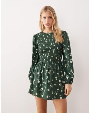 Wednesday's Girl Shirred Long Sleeve Floral Print Mini Dress - Green