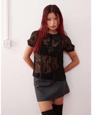 Motel Rochea Peter Pan Collar Sheer Lace Blouse - Brown
