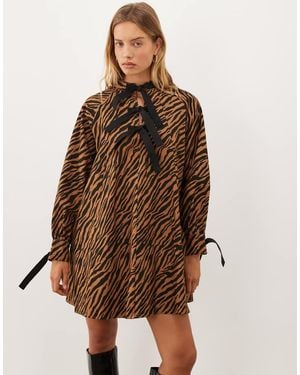 Ghospell Suzu Cotton Bow Detail Mini Dress - Brown