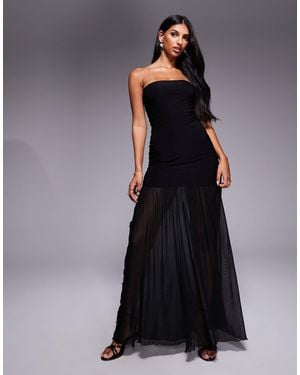 Fashionkilla Exclusive Double Sculpted Slinky Bandeau Flower Applique Sheer Hem Maxi Dress - Black