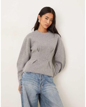 Gina Tricot Long Sleeve Sculpted Crew Neck Knitted Peplum Jumper - Grey
