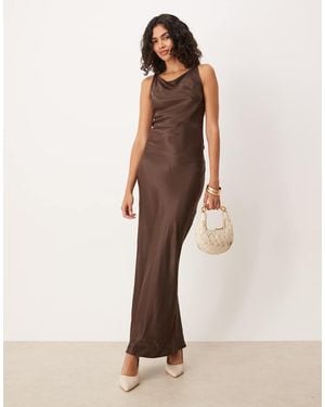 ASOS Satin Tie Back Slash Neck Dress - Natural