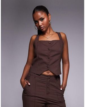 Kaiia Exclusive Cotton Blend Linen Look Square Neck Waistcoat Top Co-Ord - Brown