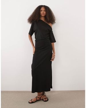 ASOS Fallen Shoulder Short Sleeve With Ruching Midax Dress - Black