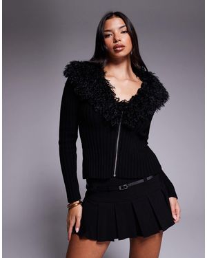 Tiger Mist Brisa Pure Cotton Faux-fur Trim Ribbed Cardigan - Black